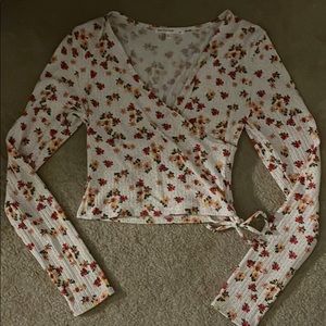 cute neck cross over floral yellow and white crop top